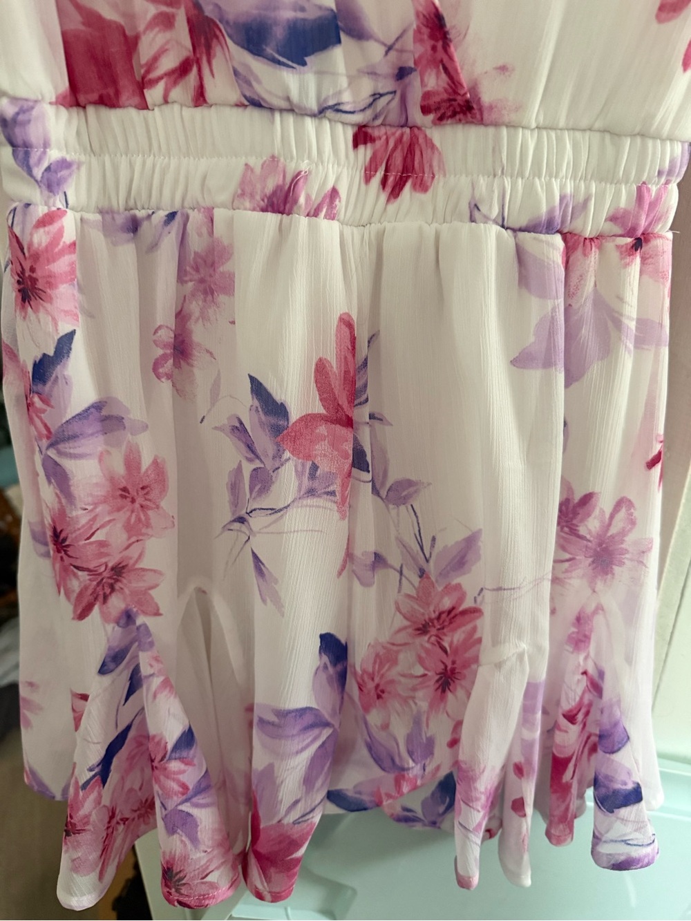 Trixxi White Floral Surplice Romper with Pink & Purple Flowers - Picture 3 of 5